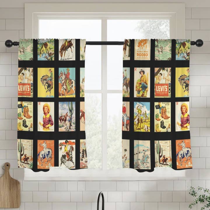 Vintage Western Collage Window Curtains 28"x40" (2-Piece)Made in America for wholesale by BAHA RANCH WESTERN WEAR