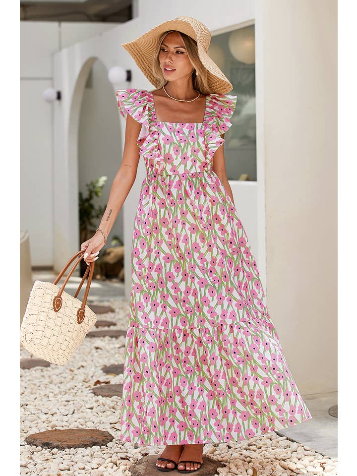 Little Daisy Closet - Wholesale Dress - Women's - LDC Floral Print Square Neck Ruffled Strap Maxi Dress