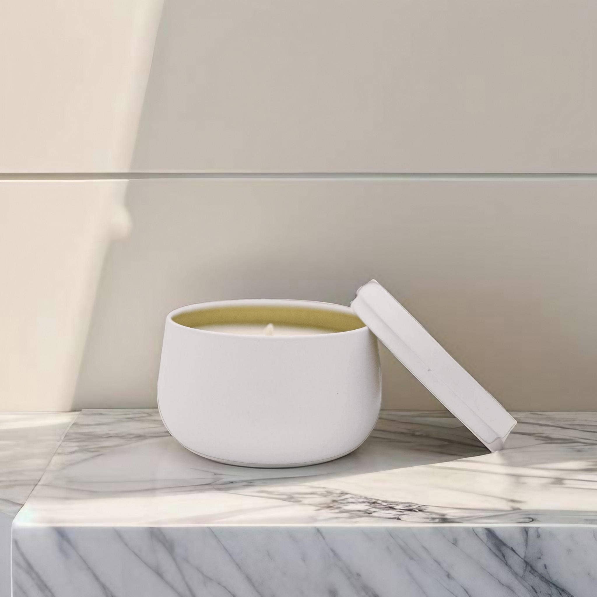 River Birch Candles - Wholesale Travel Candles - 8oz Unlabeled Luxury White Curved Tin Soy Candle5