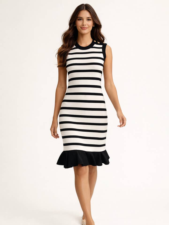 Flounced striped knit dress CHIC MARINIÈRE - 423 for wholesale by Acacia Paris