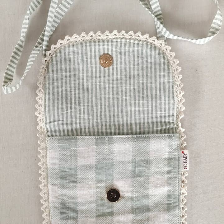 Yo Baby - Wholesale Tote Bag - Kids - Sage Checks & Stripe Kids' Small Tote Bag with Magnetic Closure and Lace Detailing