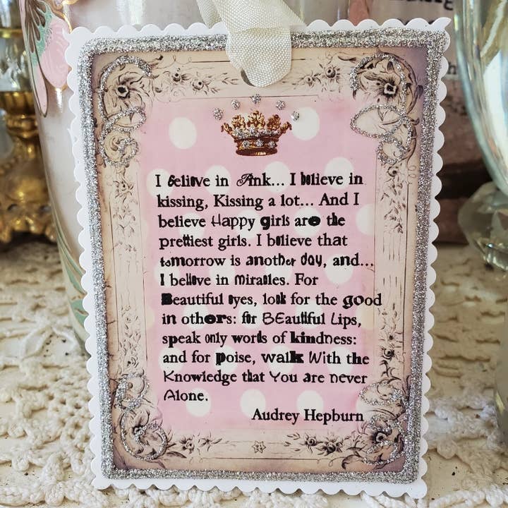Little Heart Designs – wholesale Gift tag – Audrey Hepburn Quote I Believe in Pink Gift Tag