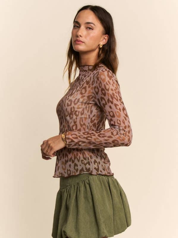 Davi & Dani - Wholesale Knit Top - Women's - METALLIC LEOPARD SHEER MESH TOP0