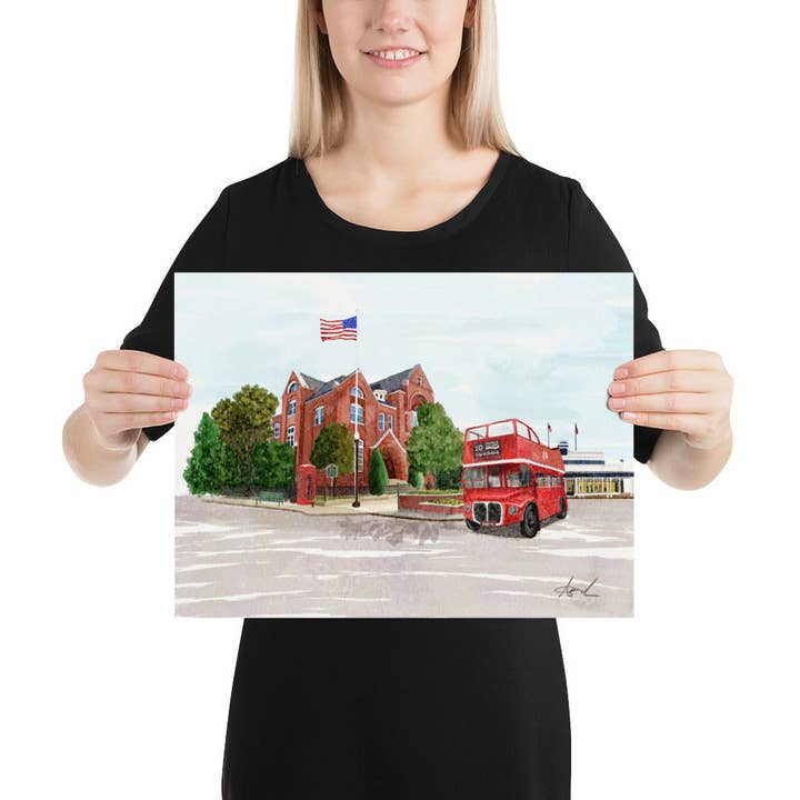 Carper Creative Co. – wholesale Art print – City Hall Double Decker Bus Oxford MS Watercolor Art Print4