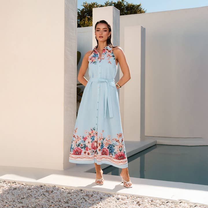 AD2760 Bloemenknop mouwloze maxi-jurk. voor wholesale door Able