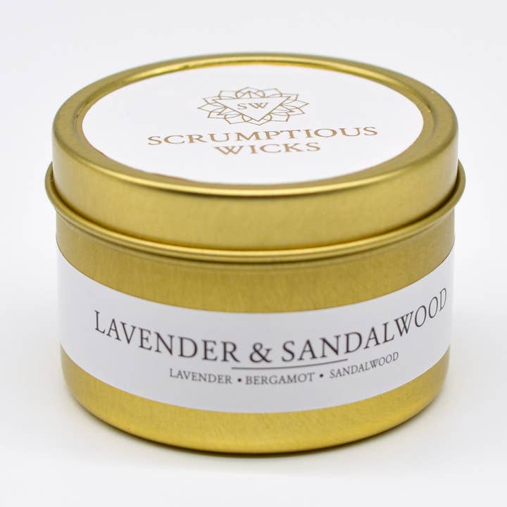 Lavender & Sandalwood 3.5oz soy/coconut wax gold tin candle for wholesale by Scrumptious Wicks