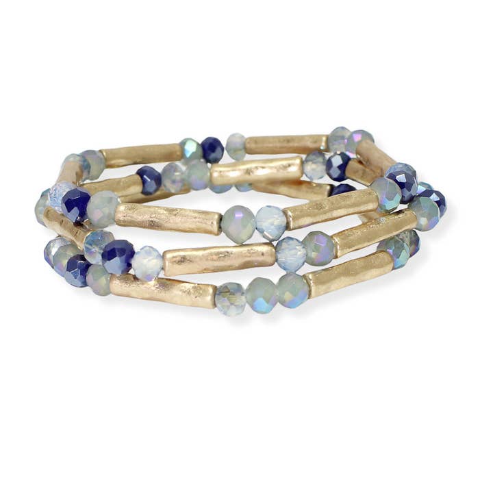 SOPHIA WHOLESALE - Wholesale Beaded Bracelet - Hammered metal accent multi layered pearl stretch bracelet1