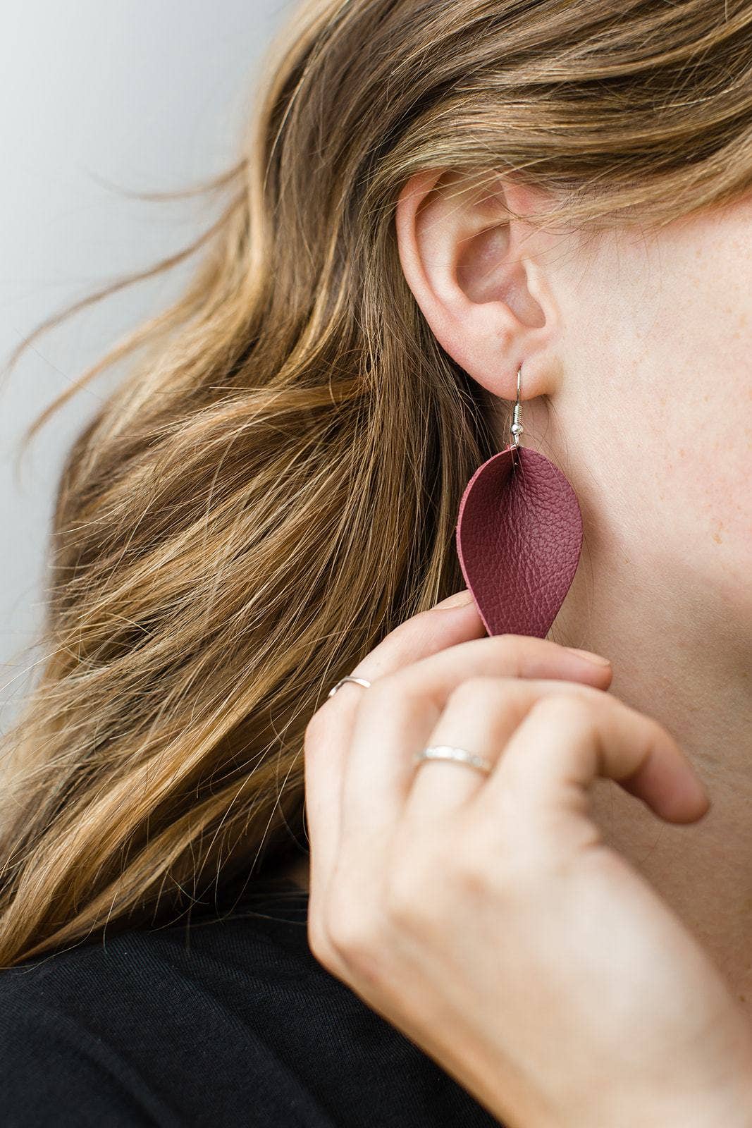 Whitebirch Handmade Goods - Wholesale Dangle Earrings - Burgundy Leather Leaf Earrings7