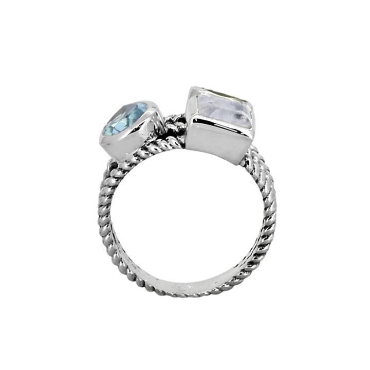 Tiramisu - Wholesale Cocktail/Statement Ring - 925 Sterling Silver Blue Topaz Moonstone Rope Ring