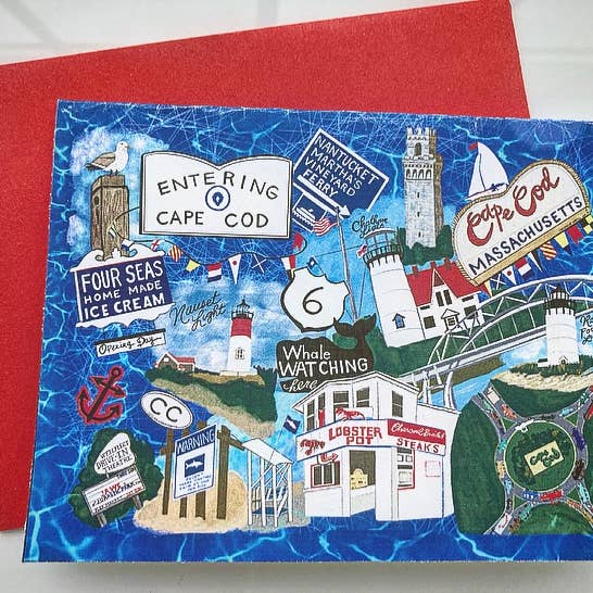 Hand-Drawn Cape Cod, MA Tourist Sites Blank Card for wholesale by Domesticadence