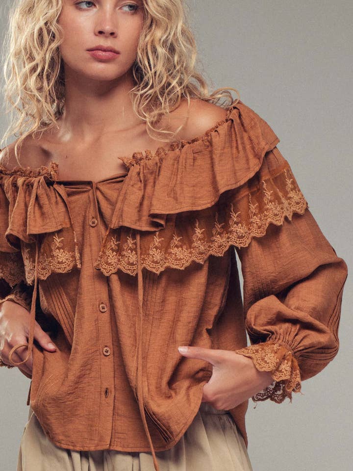 Lace Trim Ruffle Tie Neck Spring Blouse Top for wholesale by Urban Daizy