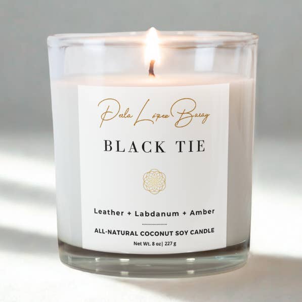 Candela di soia al cocco naturale Black Tie | Vaso di vetro da 8 oz per la vendita all'ingrosso da parte di Perla López Baray