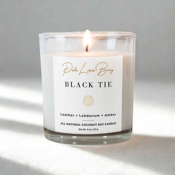 Black Tie All-Natural Coconut Soy Candle | 8 oz Glass Vessel for wholesale by Perla López Baray