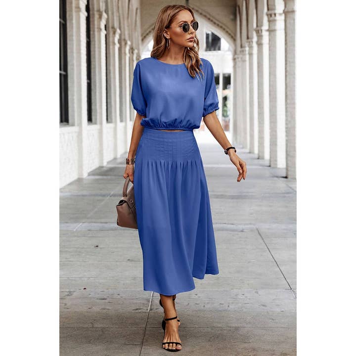 Elings - Wholesale Top & Skirt Set - Women's - Two Pieces Solid Color Loose Puff Sleeve Pleated Sets13