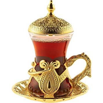 Hakan - Wholesale Theeservies - Fancy Turkse theekopset, cadeauset, goud en zilver, 4 oz