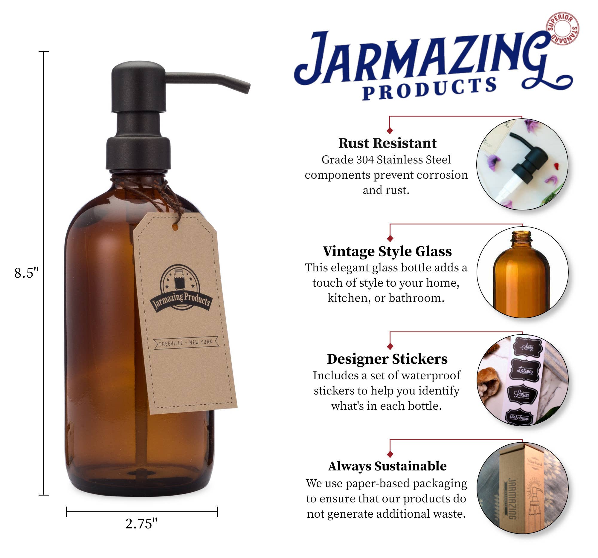 Jarmazing Products - Wholesale Soap Dispenser - Amber Glass 16oz Bottle Soap and Lotion Dispenser12
