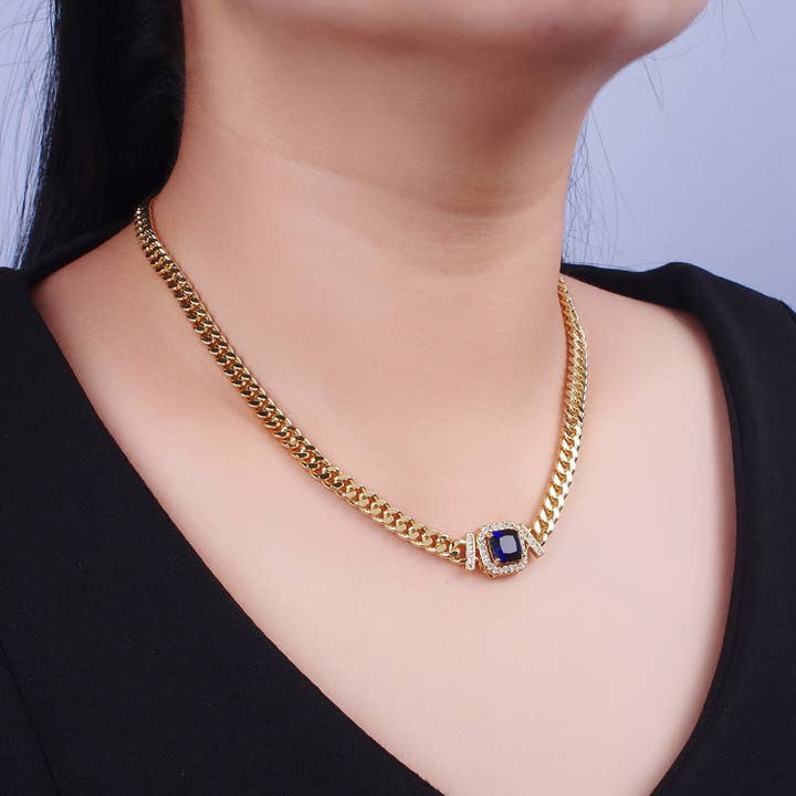 Aim Eternal - Wholesale Link & Chain Necklace - Gold 18 Inch Micro Paved Baguette CZ Flat Curb Link Chain Necklace | WA-1200 -- WA-1218