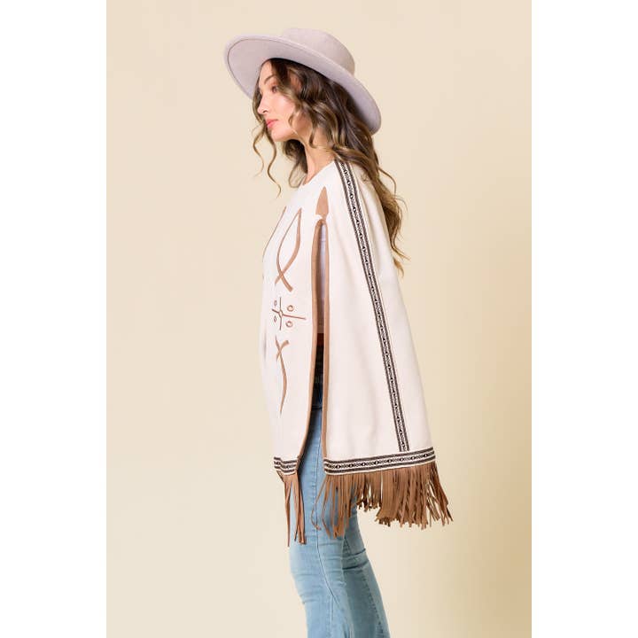 Saints & Hearts - Wholesale Cape - Women's - SIJ5386A CREAM FRINGED CAPE WITH EMBROIDERY11