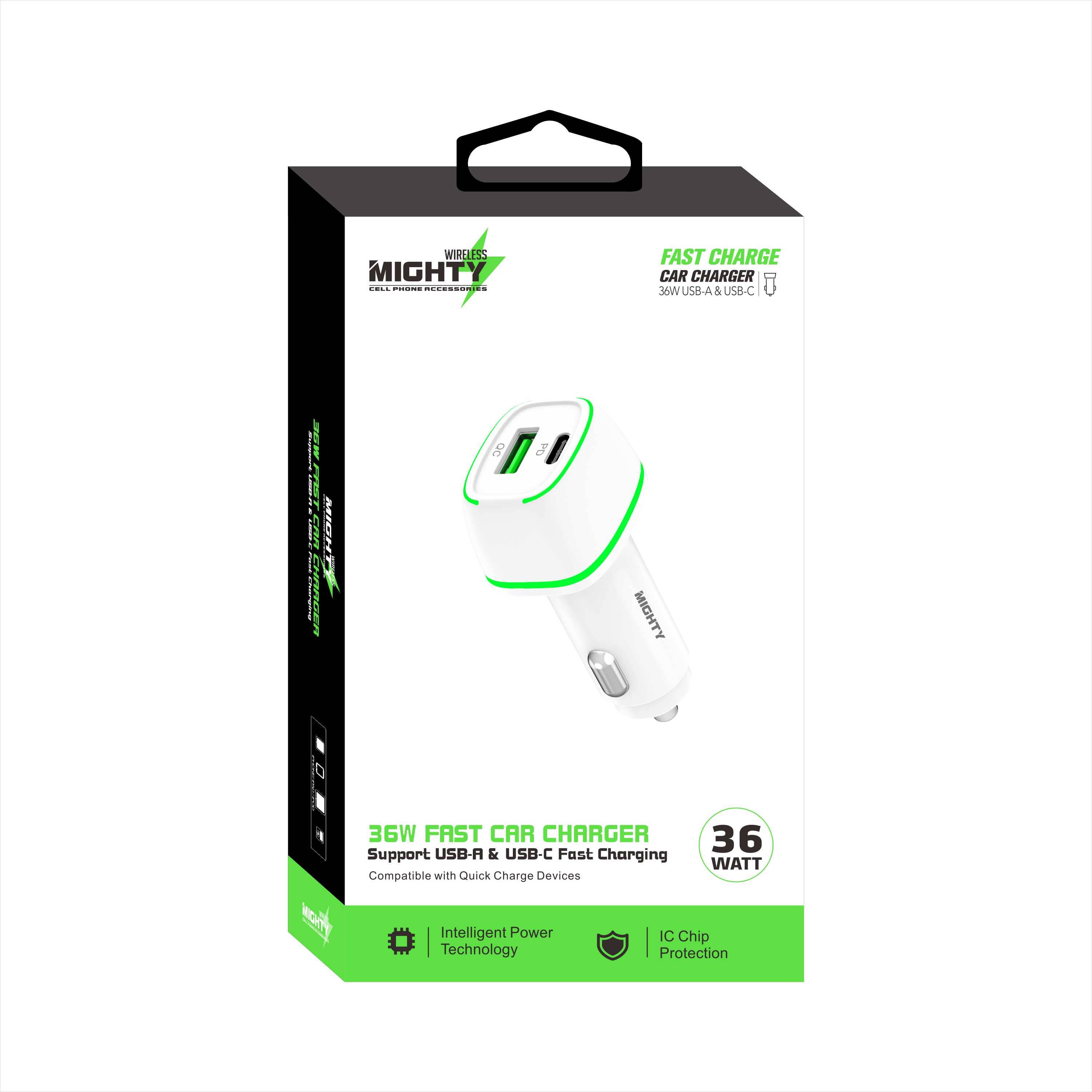 Mighty Wireless - Wholesale Portable Charger - Mighty Fast 36W PD Car Charger with USB Port White MK31