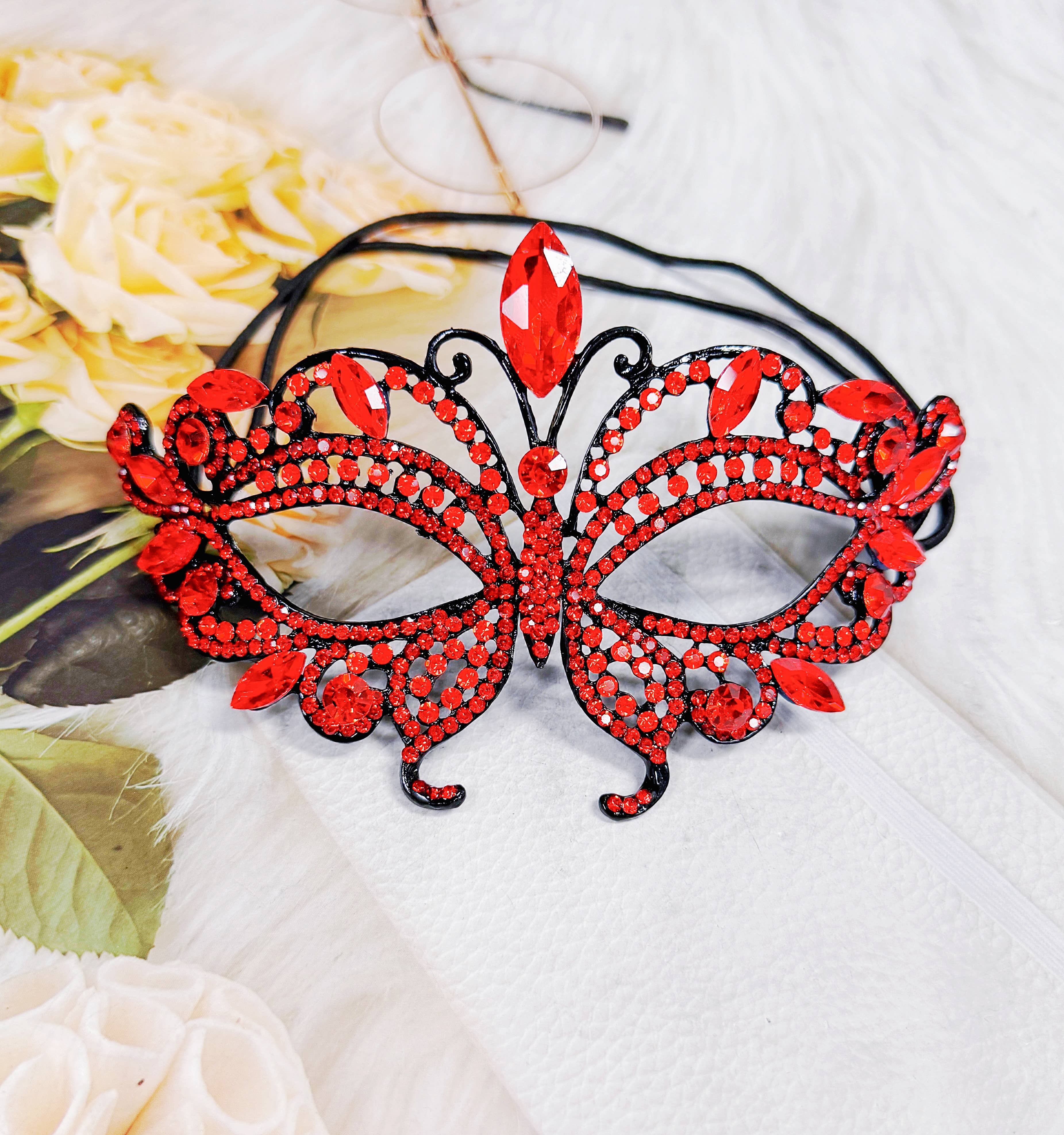 Happy Dream Gifts - Wholesale Costume - Women's - Red Crystal Masquerade Mask, Black Party Mask, Venetian Mask2