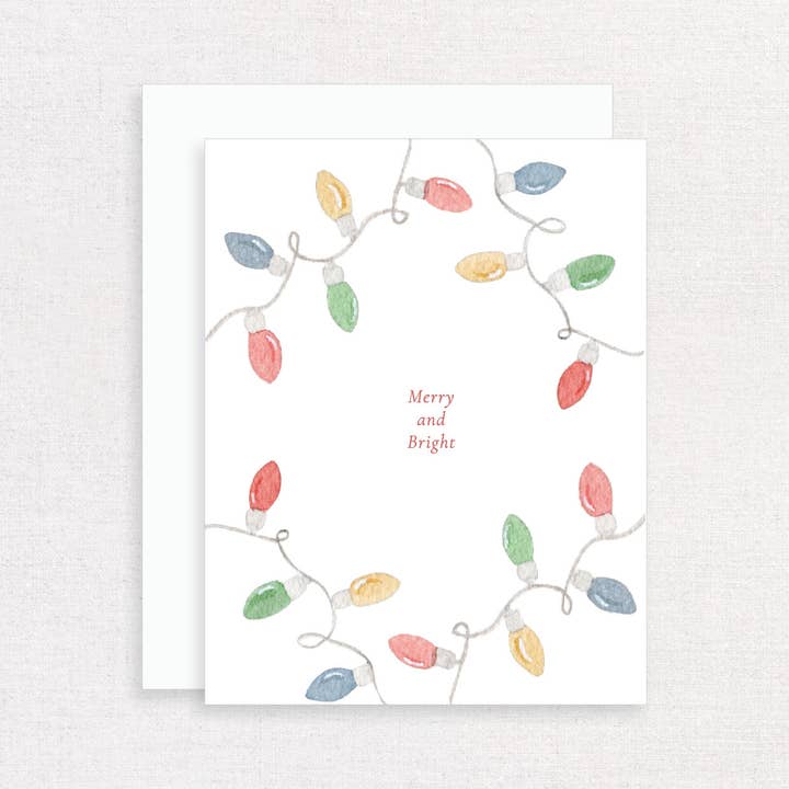 Merry and Bright Watercolor Christmas Lights Greeting Card for wholesale by Korynne and Company