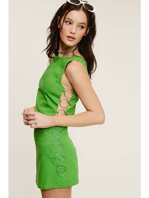Mimosa - Wholesale Dress - Women's - Open-Pack Side Cut Out Linen Mini Dress with O-Ring Detail4