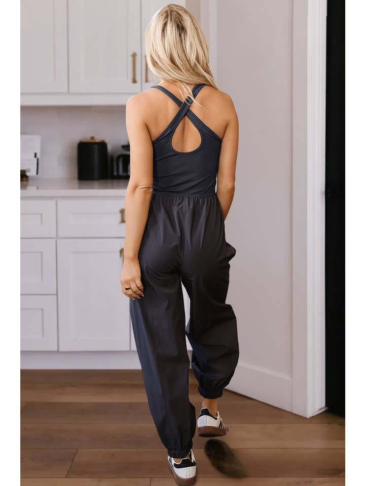 Carbon Grey LDC Back Crossed Straps Hollow Out Jogger Jumpsuit for wholesale on Faire