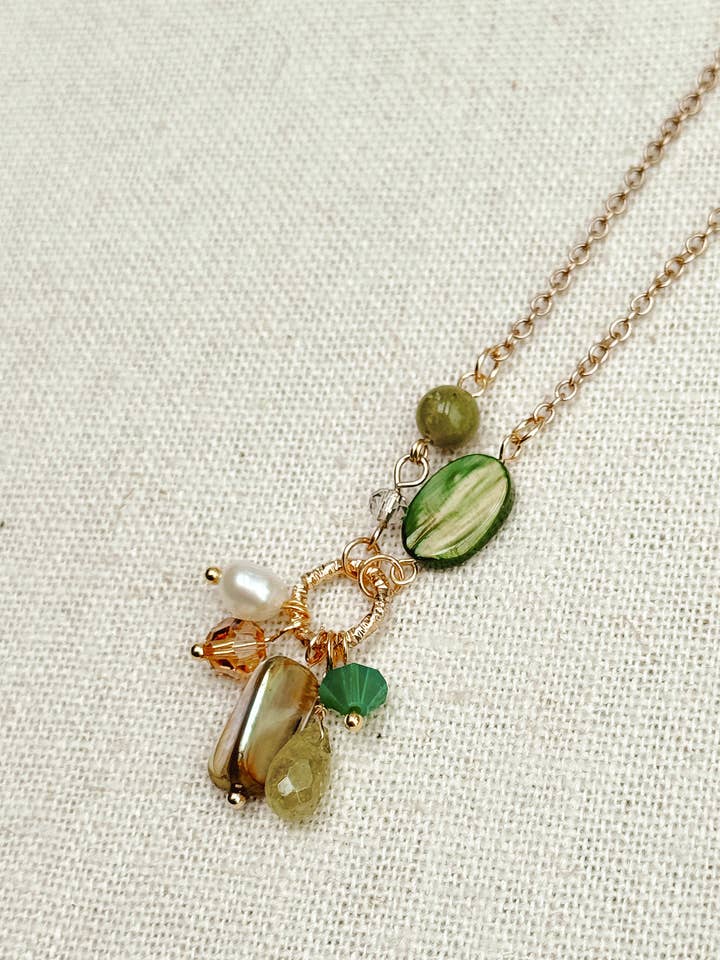 Green Garnet & Pearl Cluster Necklace for wholesale by Gracie Rose Designs