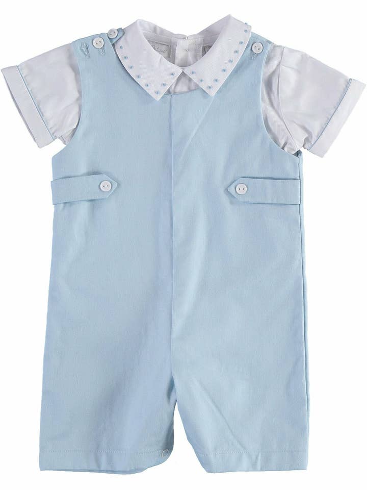 Pelele corto para bebé niño camisa blanca con mono azul claro para venta al por mayor de Julius Berger & Carriage Boutique