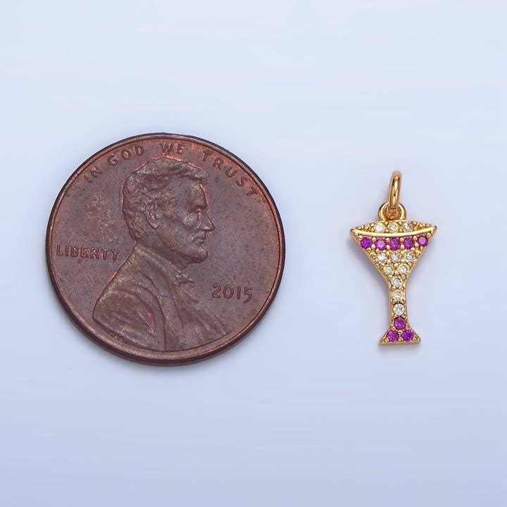 Aim Eternal - Wholesale Individual Charm/Pendant - 24K Gold Filled Fuchsia Micro Paved CZ Martini Alcohol Drink Charm | X7912