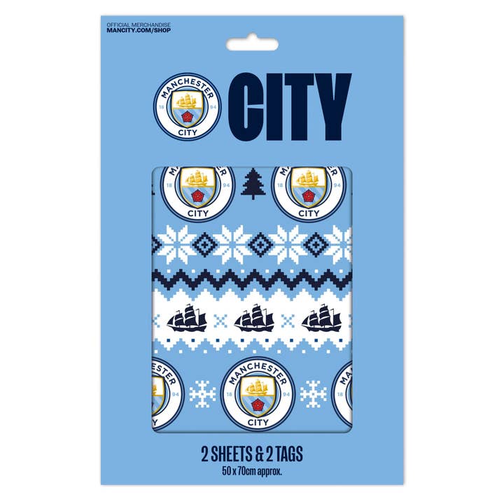 Manchester City FC Christmas Wrap 2 Sheet 2 Tag for wholesale by Danilo Promotions Ltd