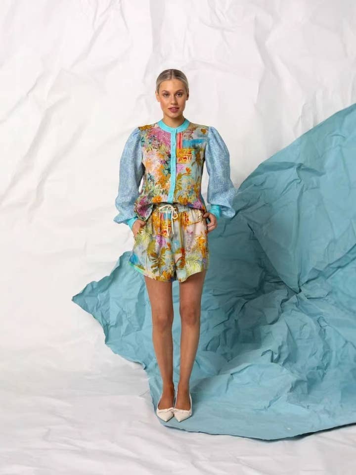 BLUE Temperament linen long sleeve shirt shorts suit for wholesale on Faire2