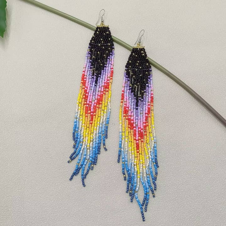 Mio Queena - Wholesale Tassel Earrings - Long Bohemian Rainbow Seed Beads Fringe Earrings - BJ/SB