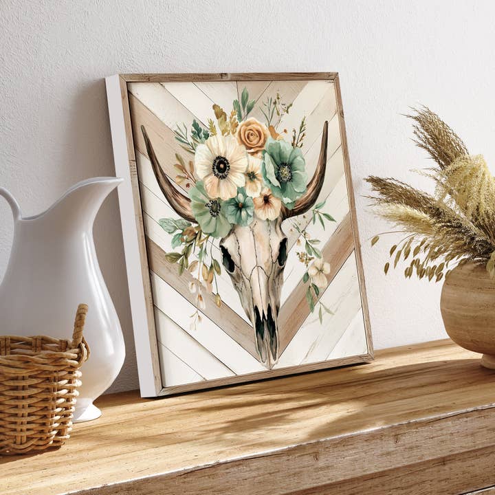 TX USA Corporation - Wholesale Door Hanger - Summer Western Cow Skull Door Hanger – Floral Boho Wall Sign for Front Door or Indoor Decor | Round & Square UV Print | Multi Sizes