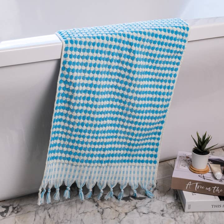 SALE! Turquoise and Blue Pom Pom Hand Towel for wholesale by Kalkedon Towels