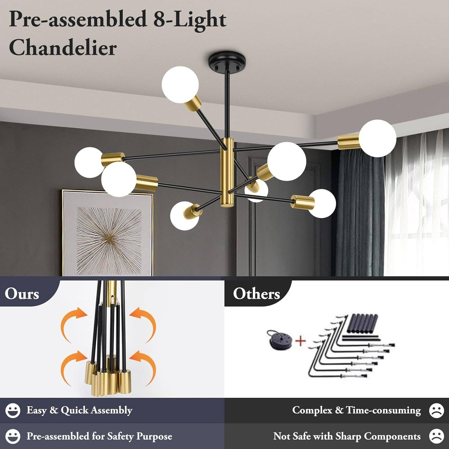 Eight Light Modern Sputnik Chandelier Black And Gold for wholesale on Faire3