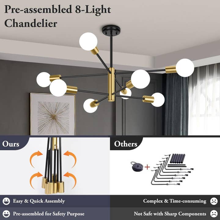 Eight Light Modern Sputnik Chandelier Black And Gold for wholesale on Faire3