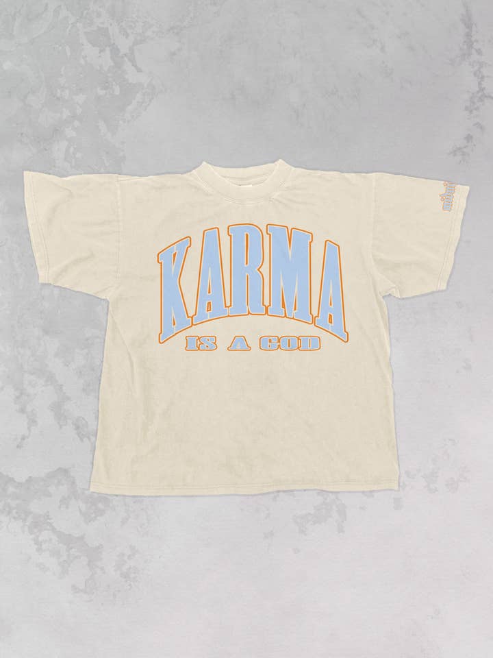 The Clandestine Underground - Wholesale Screen Printed T-Shirt - Unisex - Karma Is A God Oversized Graphic T-Shirt (Blue/Orange)