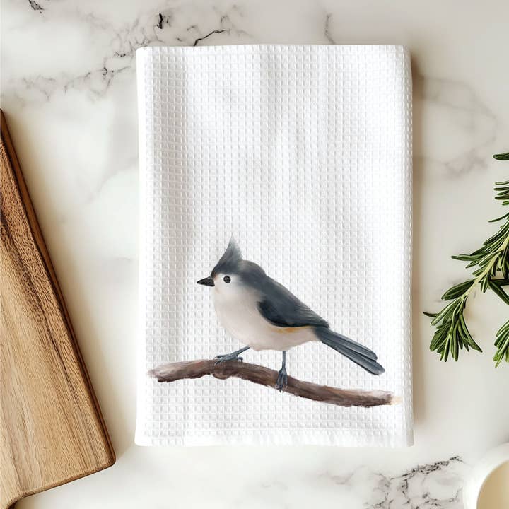 MerikaArt - Wholesale Tea Towel - Tufted Titmouse Kitchen Towel1