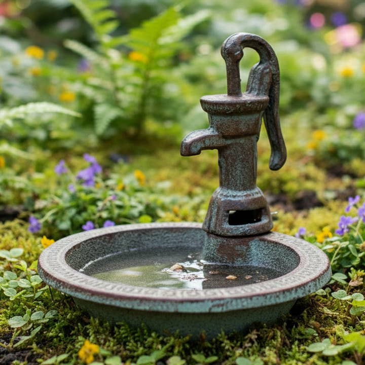 Water Pump Bird Bath Cast Iron Rustic Garden Decor for wholesale by Iron & Blossom