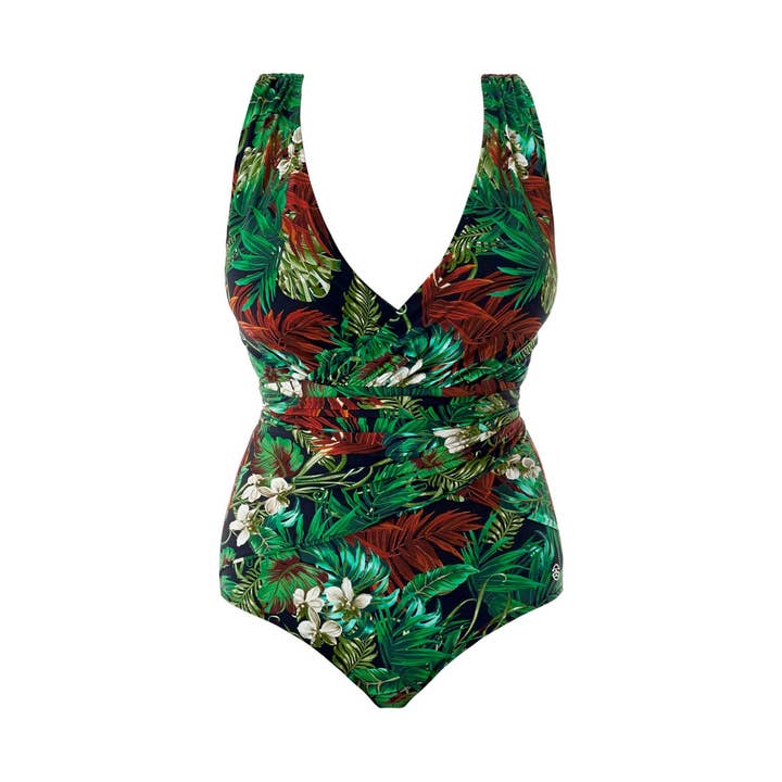 Bali Tropical Gathered Waist Swimsuit Green for wholesale by Seaspray Swimwear