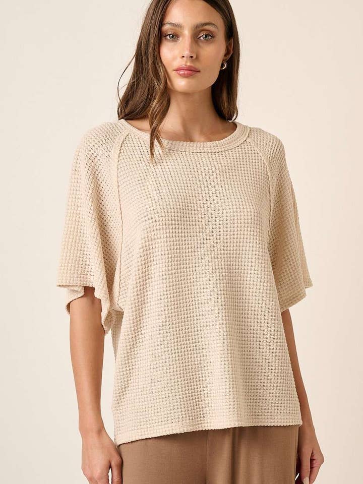 WAFFLE KNIT ROUND NECK REGLAN SHORT SLEEVE KNIT TOP for wholesale by mittoshop