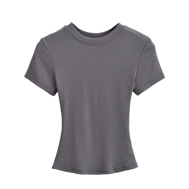 UZ Wholesale Store - Wholesale T-Shirt - Women's - Plain Color Threaded Round Neck Short Sleeve T-Shirt0