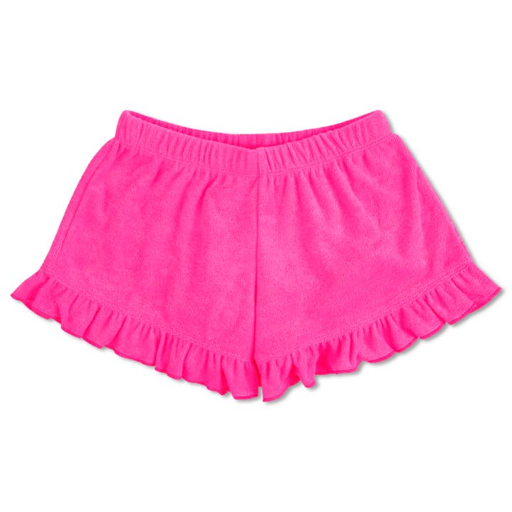 HOT PINK TERRY RUFFLE SHORTS (MEDIUM (10-12)) for wholesale by Iscream