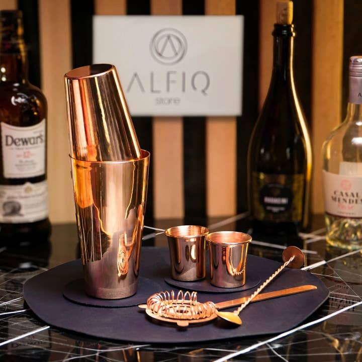 Handmade Copper Cocktail Set Copper Shaker + Shot Glasses + Cocktail Pick + Spoon Complete Set | 100% Solid Copper Mixology Gift for wholesale by ALFIQ Copper