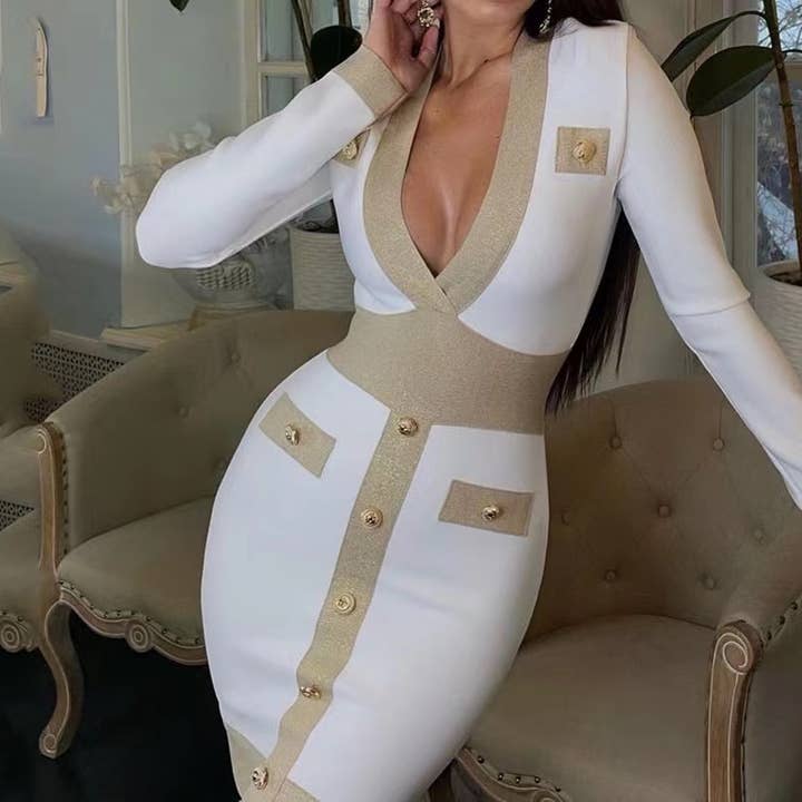 DR0264 Höstelegans: V-ringad stickad festklänning för wholesale av Productseeker