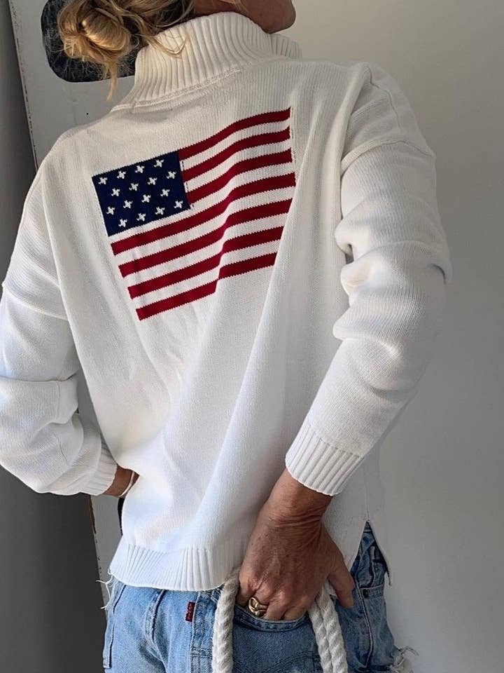 Pink Pineapple - Wholesale Knit Sweater - Women's - 1/2 Zip American Flag Sweater