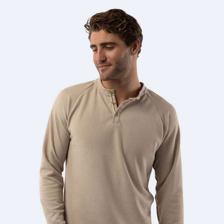 Sand Waffle Knit 3-Button Henley for wholesale by American Heritage