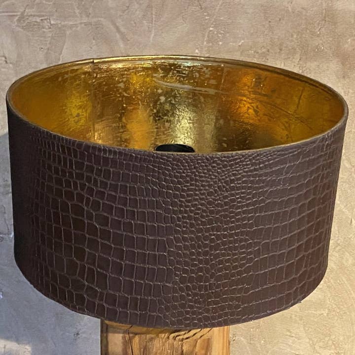 Round lampshade in metal and brown faux leather for wholesale by LES SCULPTEURS DU LAC