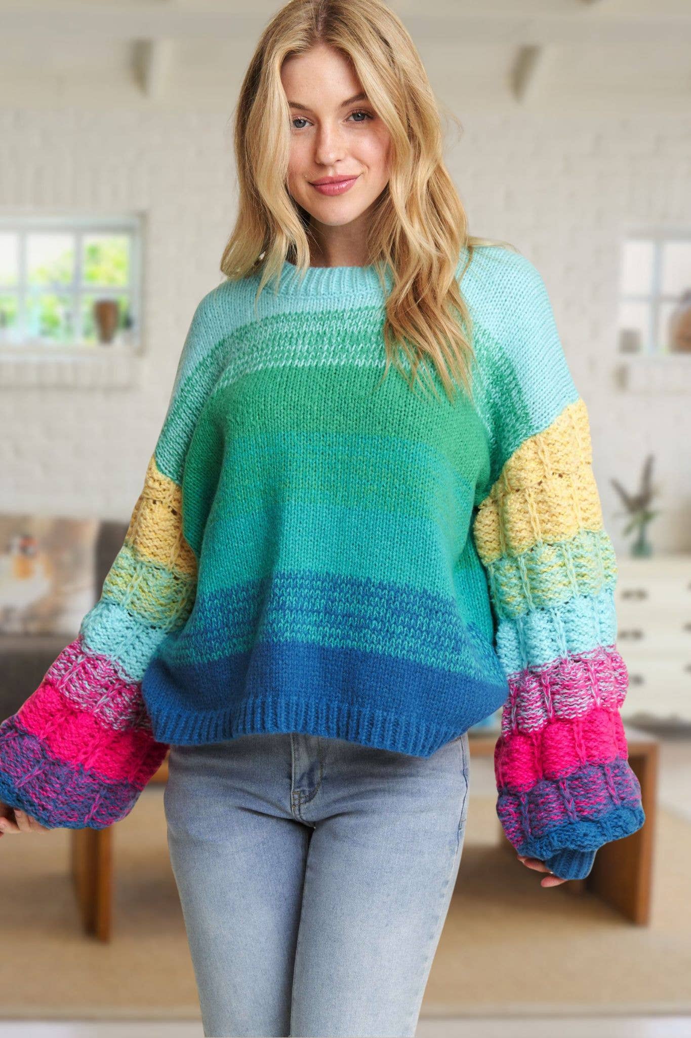 ADORA LA - Wholesale Knit Sweater - Women's - CESW3600 - PUFF SLEEVE OMBRE SWEATER TOP6